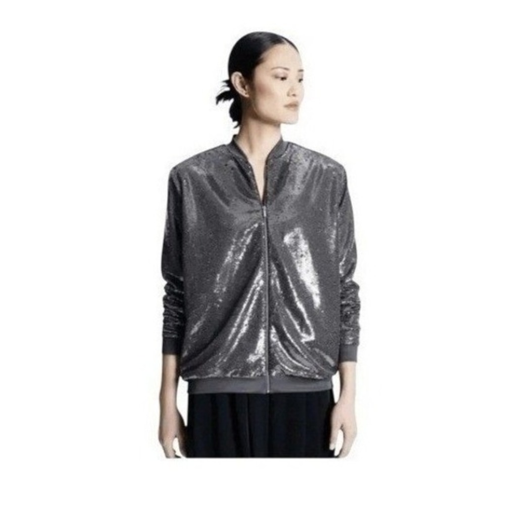 GSTQ‎ Sequin Embellished Bomber Jacket Gray Knit S